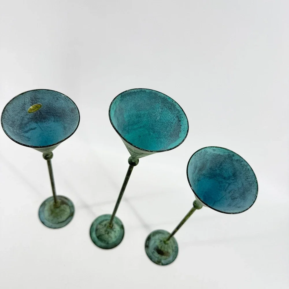 Vtg Verdigris Taper Christian Beaumont Post-Modern Decor Teal Metal Candlesticks